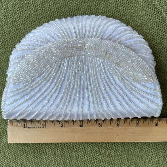 White Satin Beaded Clutch Bridal All-White Wedding Party Clamshell Shape - Picture 9 of 11